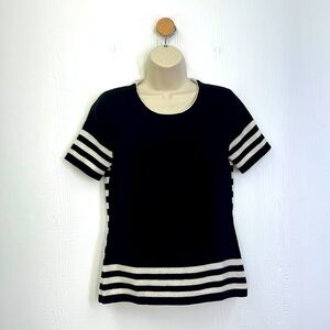 - Peck & Peck - Vintage Cashmere Black & White Stripe Short Sleeve Sweater…